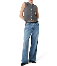 French Connection Aleyna Knit Round Neck Sleeveless Contrast Button Front Top