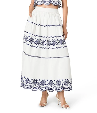 French Connection Alissa Cotton Embroidered Scalloped Coordinating A-Line Midi Skirt