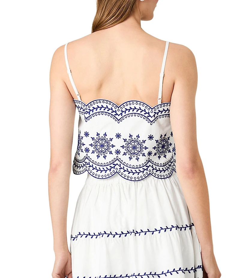 French Connection Alissa Cotton Embroidered Square Neck Sleeveless Coordinating Scalloped Cropped Top