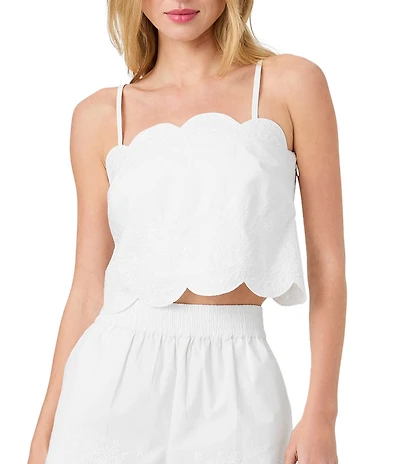 French Connection Alissa Cotton Embroidered Square Neck Sleeveless Coordinating Scalloped Cropped Top
