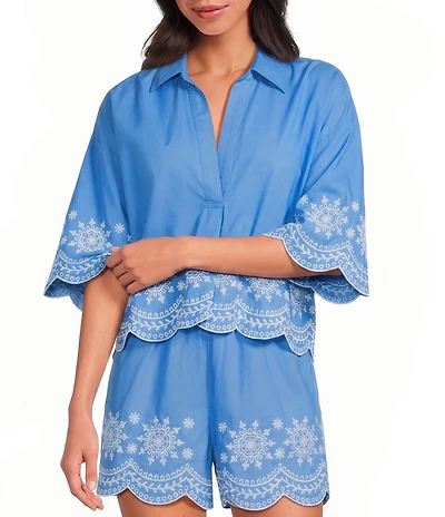 French Connection Alissa Embroidered Collared V-Neck Short Sleeve Coordinating Popover Top
