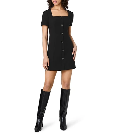 French Connection Azra Twill Square Neck Short Sleeve Button Front Mini Dress