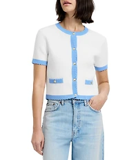 French Connection Bennet Rib Knit Round Neck Short Sleeve Button Front Top