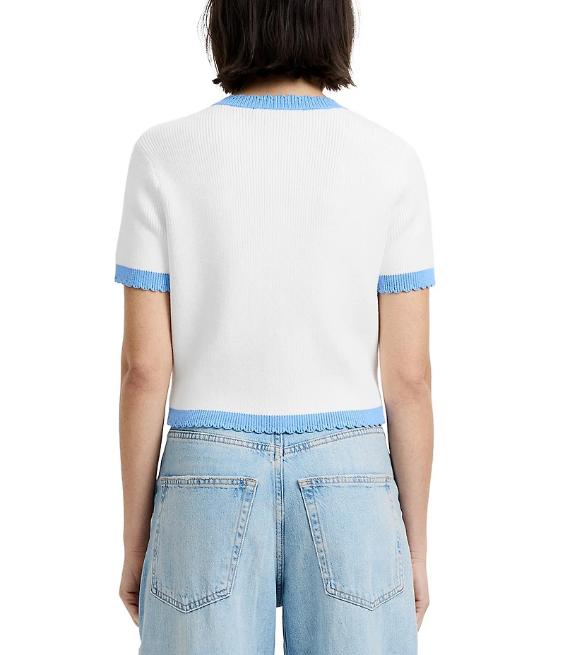 French Connection Bennet Rib Knit Round Neck Short Sleeve Button Front Top