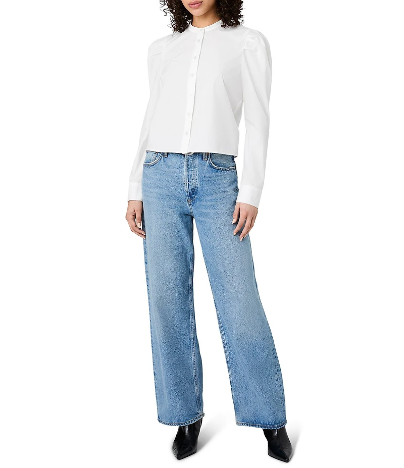 French Connection Cambria Cotton Round Neck Long Puff Sleeve Button Down Shirt