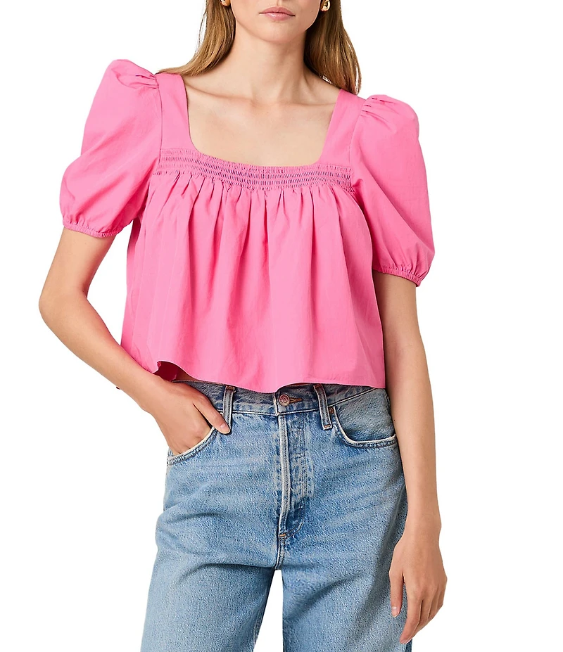 French Connection Cambria Cotton Smocked Square Neck Short Puff Sleeve Top