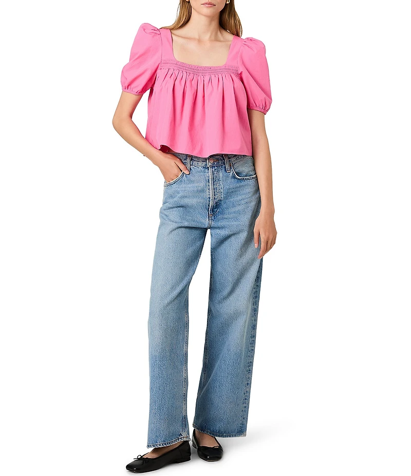 French Connection Cambria Cotton Smocked Square Neck Short Puff Sleeve Top