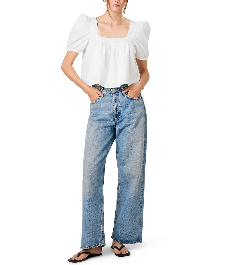 French Connection Cambria Cotton Smocked Square Neck Short Puff Sleeve Top