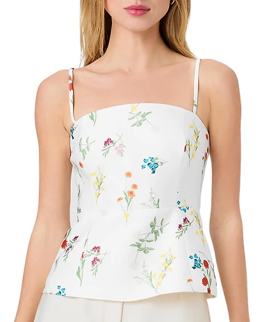 French Connection Christine Fleur Printed Structured Taffeta Square Neck Sleeveless Peplum Top