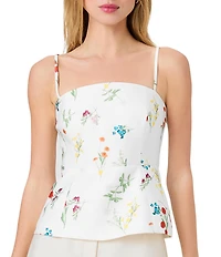 French Connection Christine Fleur Printed Structured Taffeta Square Neck Sleeveless Peplum Top