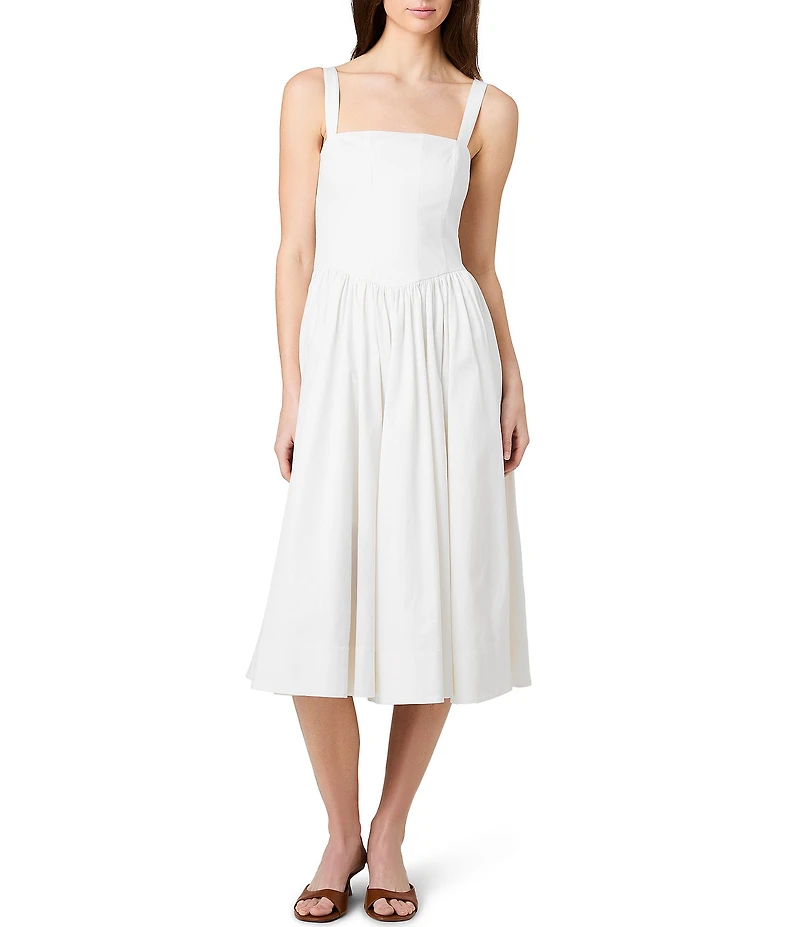 French Connection Cotton Sateen Weave Square Neck Sleeveless Fit and Flare Midi Dress