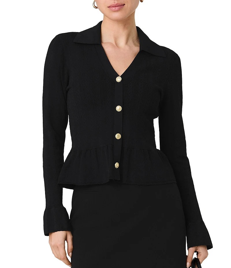 French Connection Crinkle Knit Pointelle Collard V-Neck Long Sleeve Peplum Top