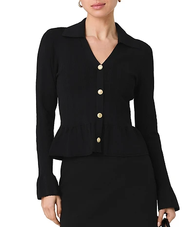French Connection Crinkle Knit Pointelle Collard V-Neck Long Sleeve Peplum Top