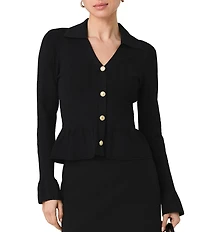 French Connection Crinkle Knit Pointelle Collard V-Neck Long Sleeve Peplum Top