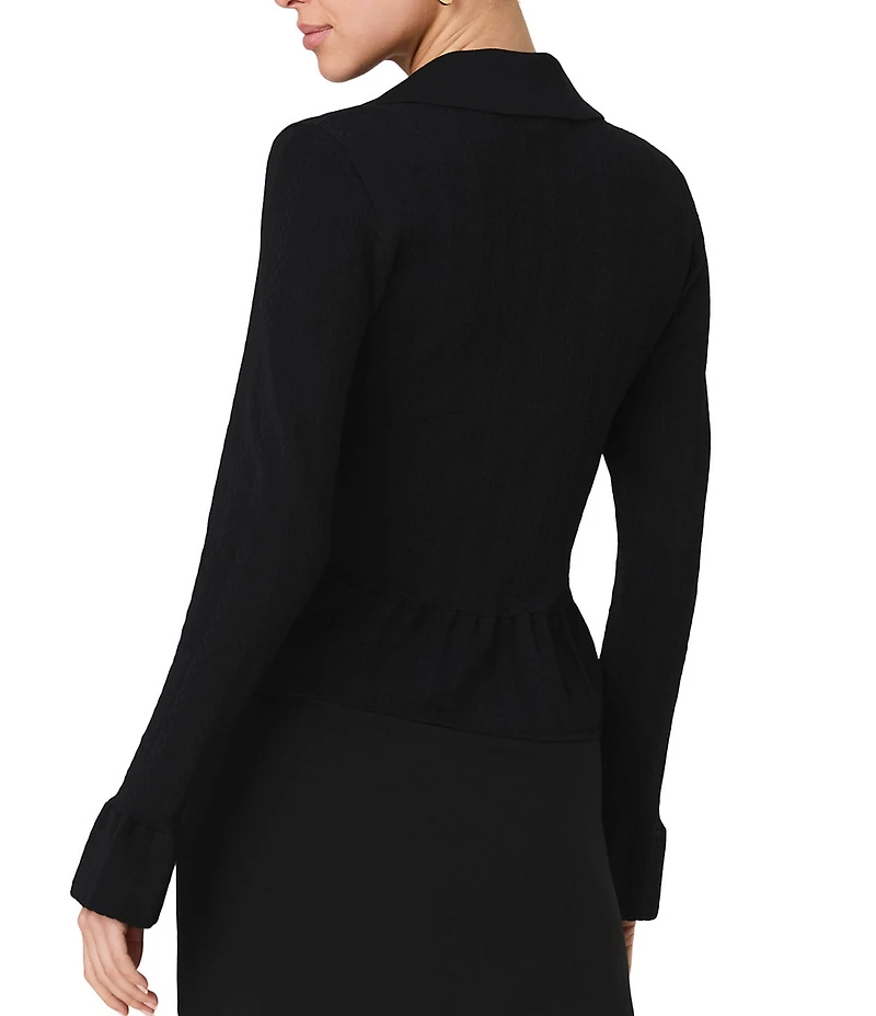 French Connection Crinkle Knit Pointelle Collard V-Neck Long Sleeve Peplum Top