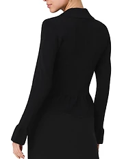 French Connection Crinkle Knit Pointelle Collard V-Neck Long Sleeve Peplum Top