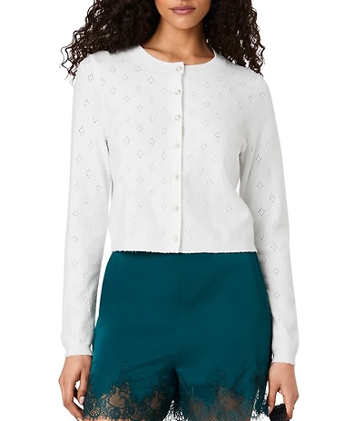 French Connection Dakota Knit Pointelle Crew Neck Long Sleeve Button Front Cardigan