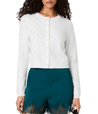French Connection Dakota Knit Pointelle Crew Neck Long Sleeve Button Front Cardigan
