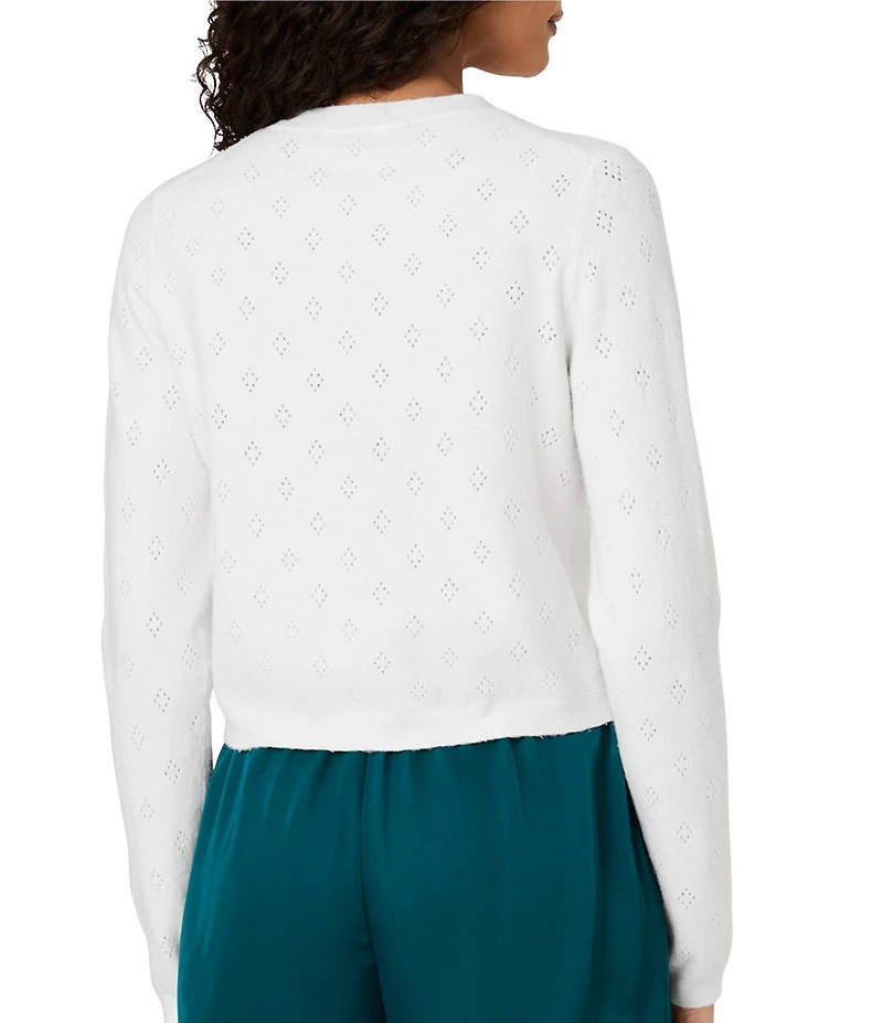 French Connection Dakota Knit Pointelle Crew Neck Long Sleeve Button Front Cardigan