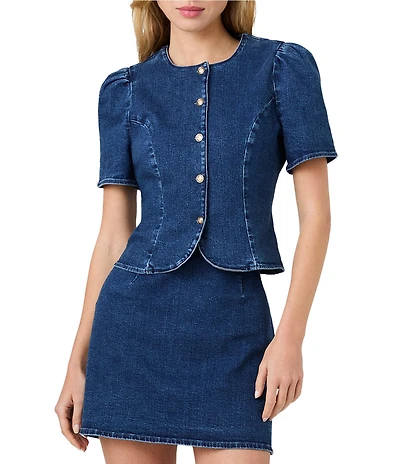 French Connection Delancey Denim Round Neck Short Puff Sleeve Coordinating Button Front Peplum Top