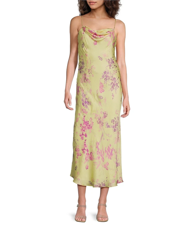 French Connection Elyria Oona Floral Print Cowl Neck Sleeveless Satin Midi Dress