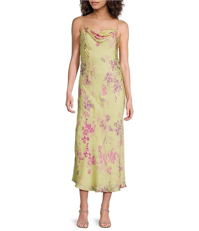 French Connection Elyria Oona Floral Print Cowl Neck Sleeveless Satin Midi Dress
