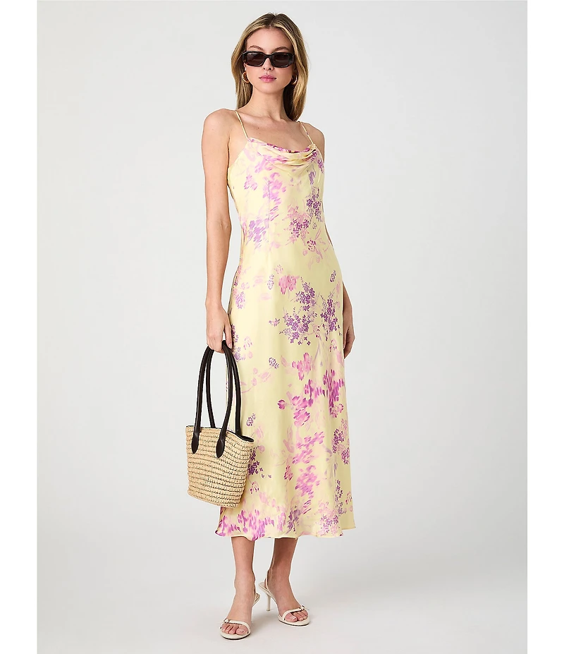 French Connection Elyria Oona Floral Print Cowl Neck Sleeveless Satin Midi Dress