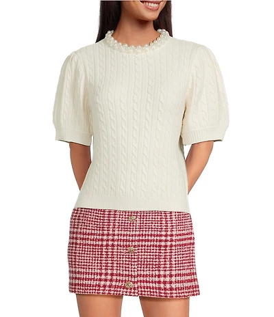 French Connection Embellished Pearl Crew Neck Cable Knit Sweater