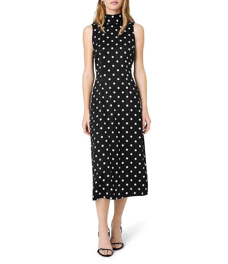 French Connection Ennis Satin Bow Neck Sleeveless Polka Dot Midi Dress