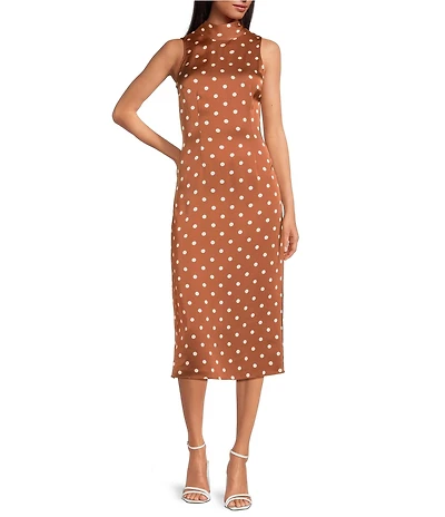 French Connection Ennis Satin Bow Neck Sleeveless Polka Dot Midi Dress