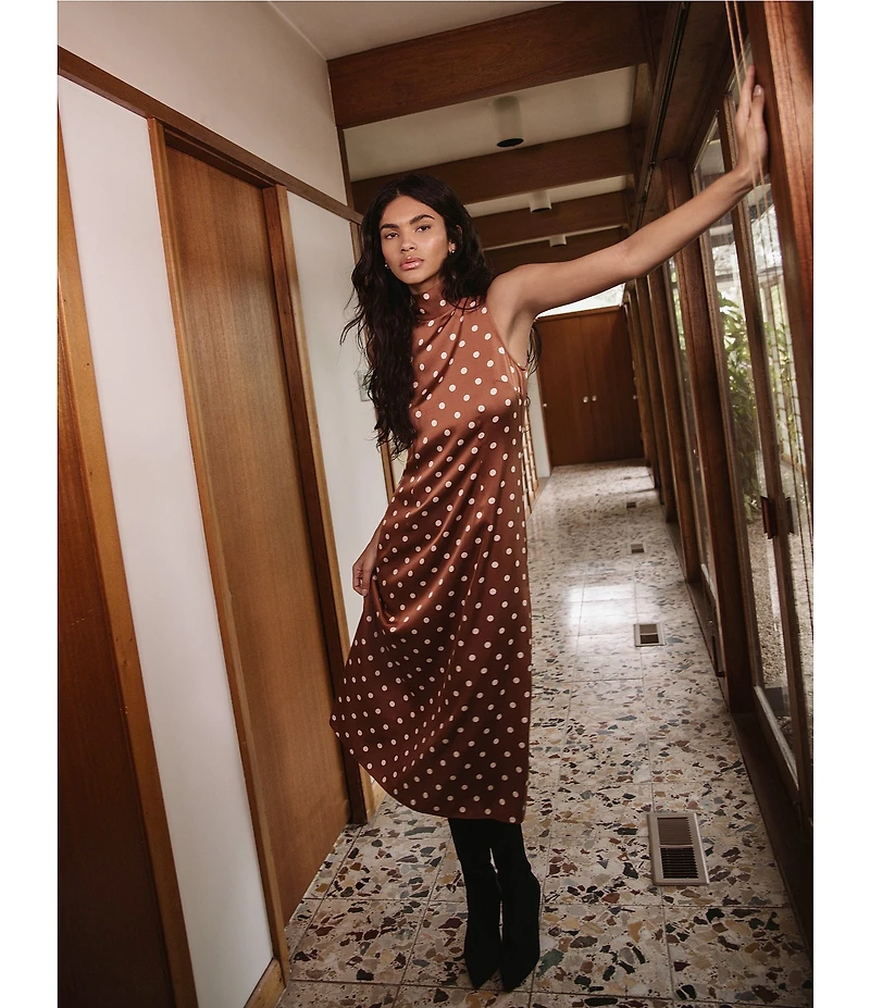 French Connection Ennis Satin Bow Neck Sleeveless Polka Dot Midi Dress
