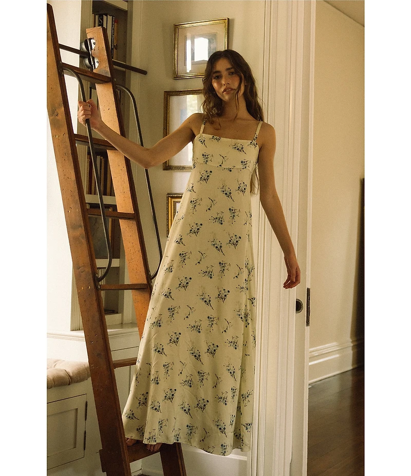 French Connection Ennis Satin Harper Floral Print Square Neck Sleeveless Maxi Dress