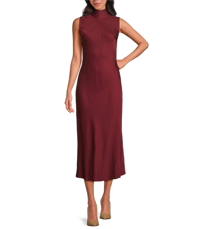 French Connection Ennis Satin Mock Neck Sleeveless Bow Satin Midi Dress