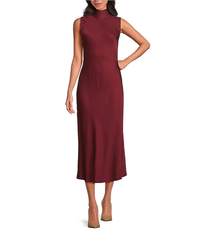 French Connection Ennis Satin Mock Neck Sleeveless Bow Satin Midi Dress
