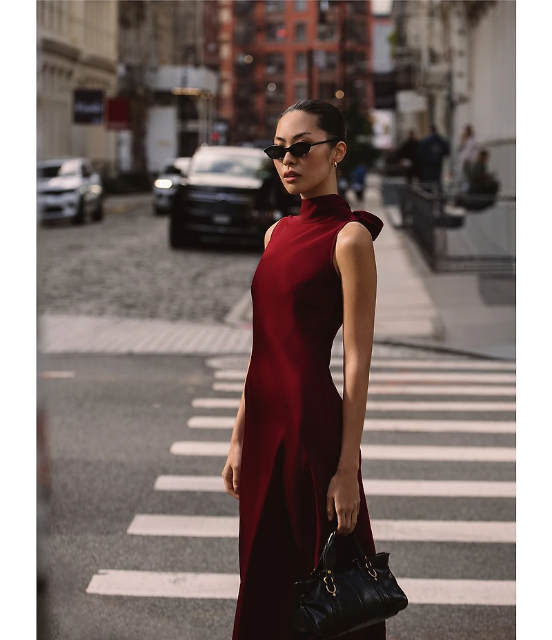 French Connection Ennis Satin Mock Neck Sleeveless Bow Satin Midi Dress