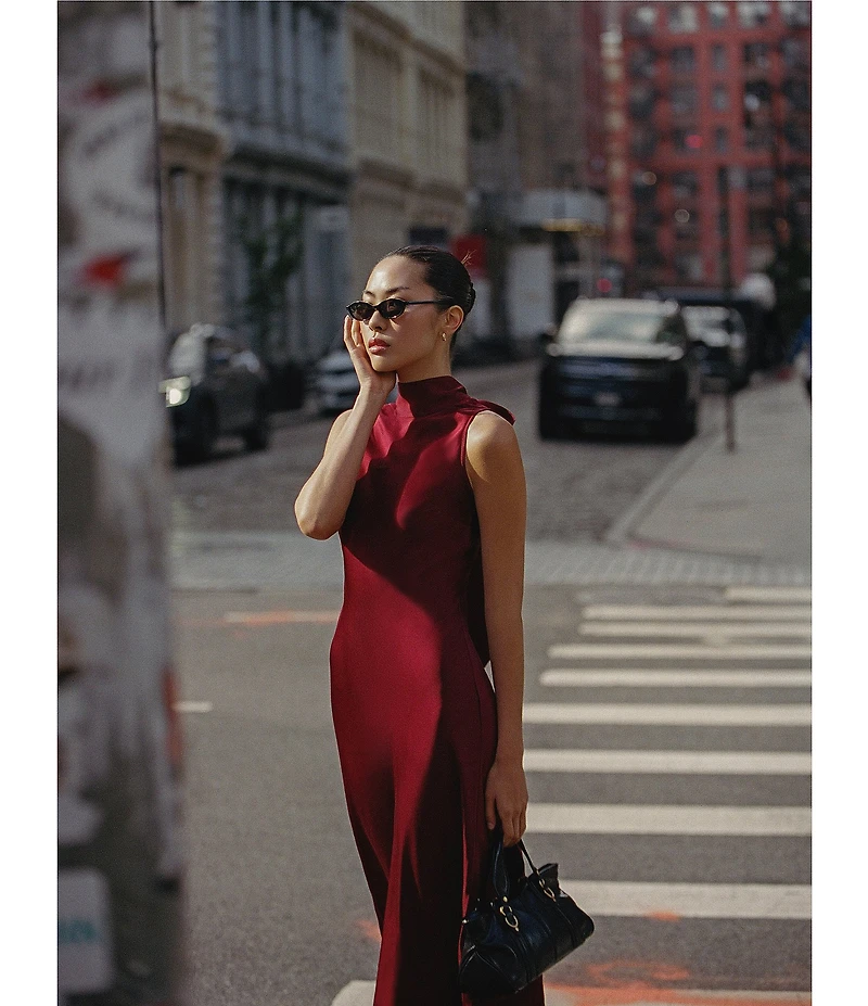 French Connection Ennis Satin Mock Neck Sleeveless Bow Satin Midi Dress