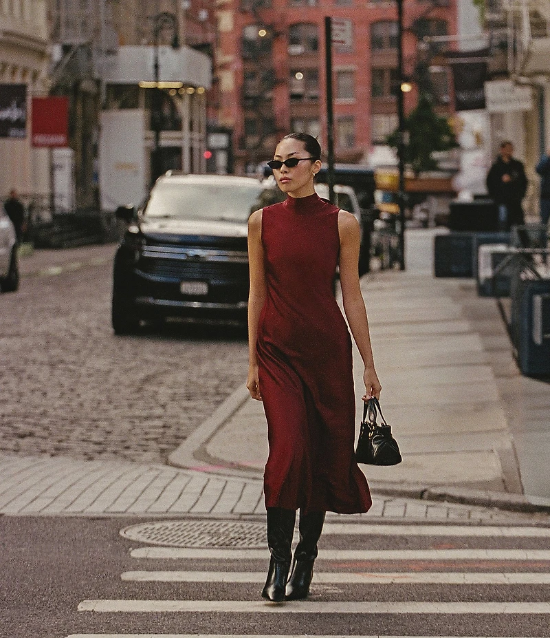 French Connection Ennis Satin Mock Neck Sleeveless Bow Satin Midi Dress