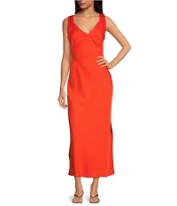 French Connection Ennis Satin V-Neck Wide Ruched Straps Sheath Maxi Dress