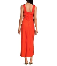 French Connection Ennis Satin V-Neck Wide Ruched Straps Sheath Maxi Dress