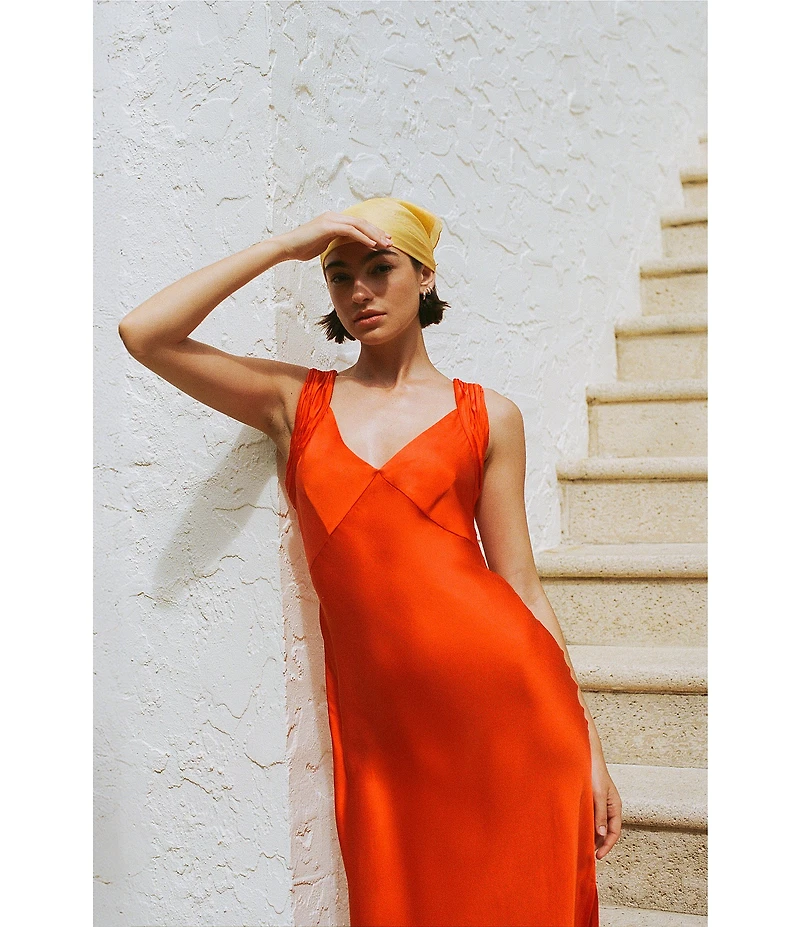 French Connection Ennis Satin V-Neck Wide Ruched Straps Sheath Maxi Dress