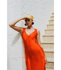 French Connection Ennis Satin V-Neck Wide Ruched Straps Sheath Maxi Dress