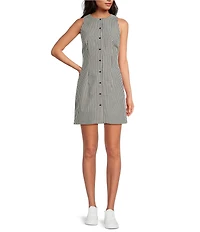 French Connection Gingham Round Neck Sleeveless Button Front Mini Dress