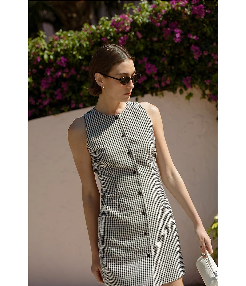 French Connection Gingham Round Neck Sleeveless Button Front Mini Dress