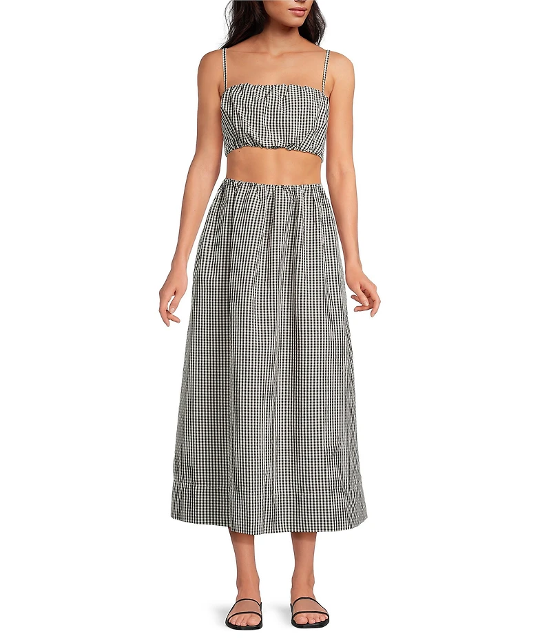 French Connection Gingham Square Neck Spaghetti Strap Ruched Crop Coordinating Top