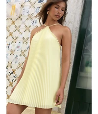 French Connection Halter Neck Sleeveless Sunburst Pleated Georgette Mini Dress