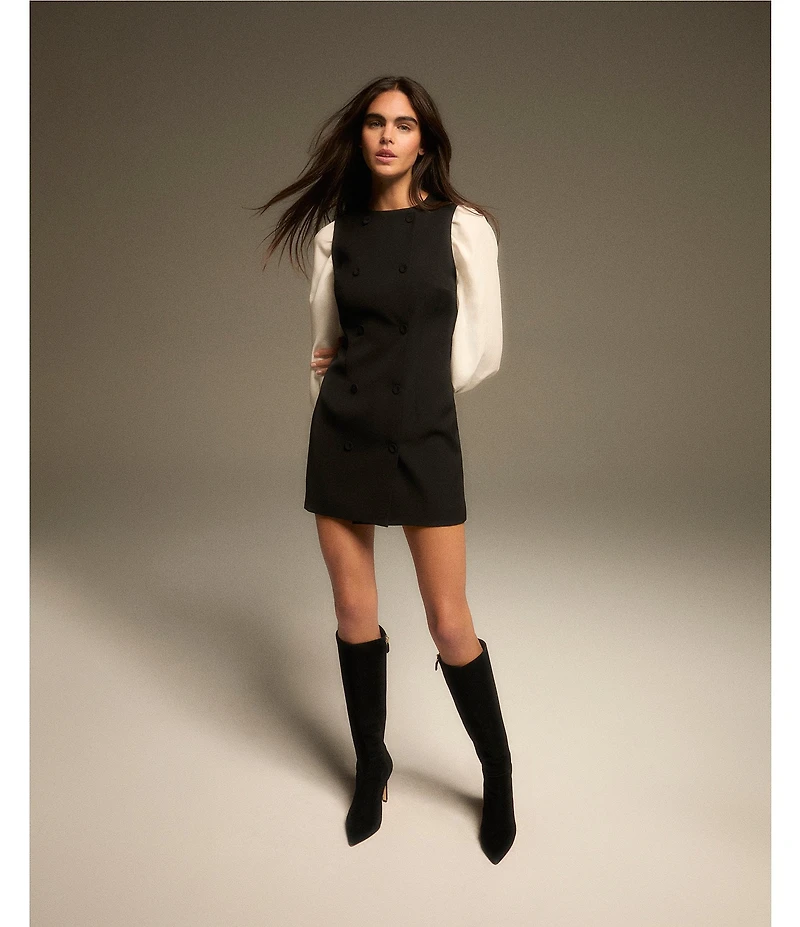 French Connection Harrie Suiting Double Breasted Crew Neck Sleeveless Button Front Mini Dress