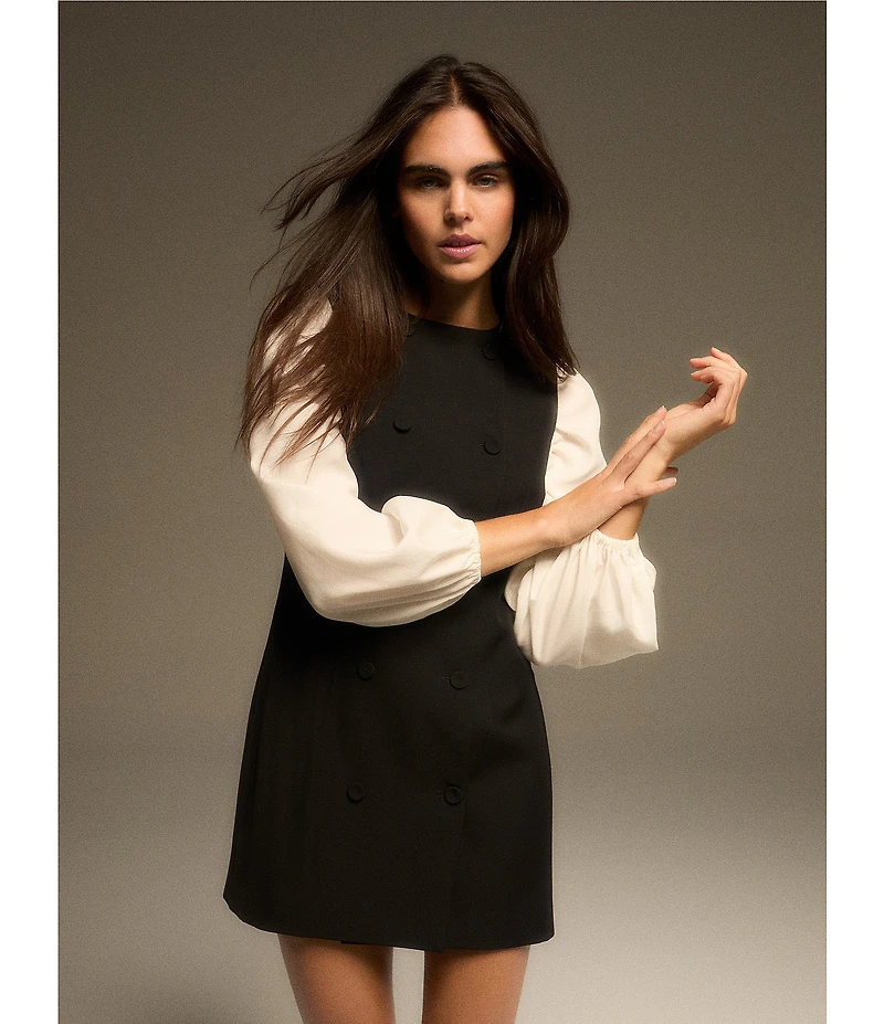 French Connection Harrie Suiting Double Breasted Crew Neck Sleeveless Button Front Mini Dress