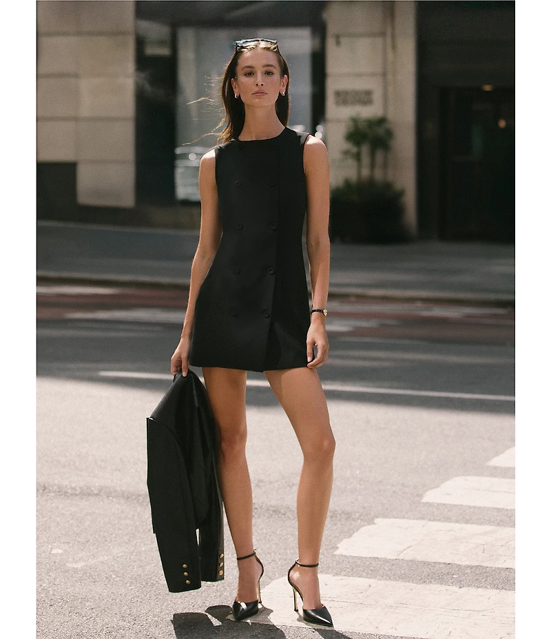 French Connection Harrie Suiting Double Breasted Crew Neck Sleeveless Button Front Mini Dress