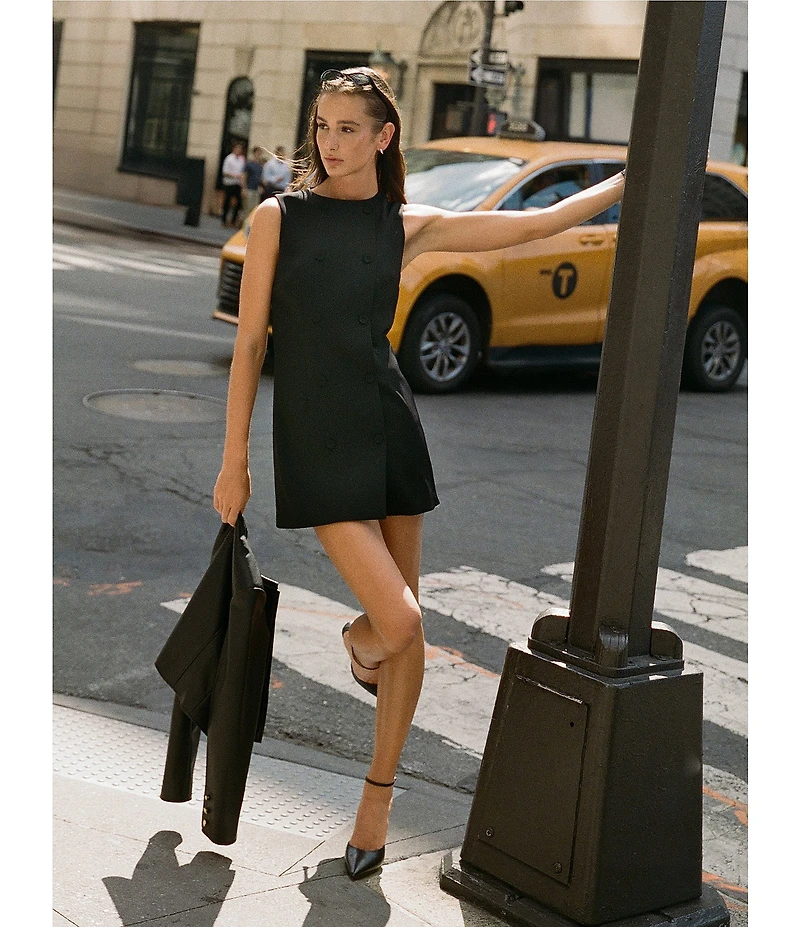 French Connection Harrie Suiting Double Breasted Crew Neck Sleeveless Button Front Mini Dress