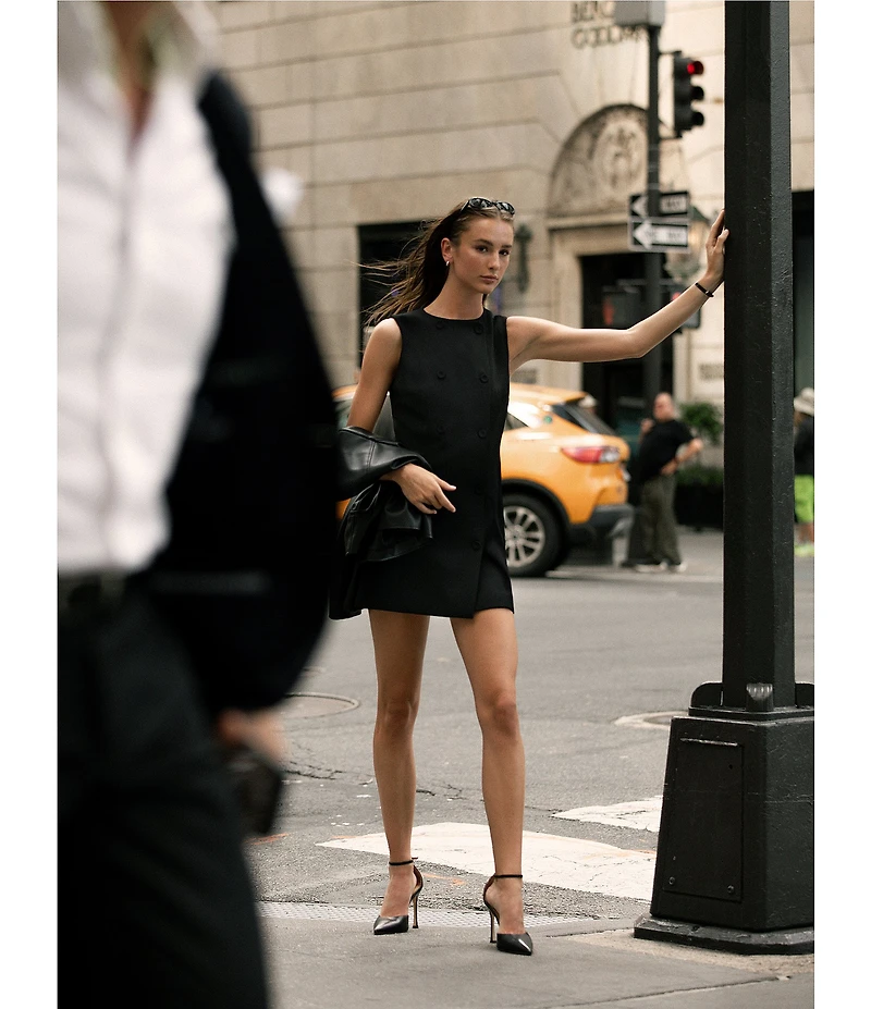 French Connection Harrie Suiting Double Breasted Crew Neck Sleeveless Button Front Mini Dress